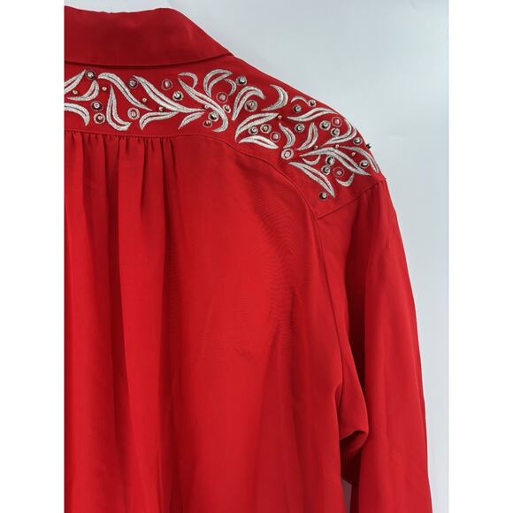 Vintage Della Roufogali Button Up Womens 14 Red Silver Western Rhinestone Silk - Picture 10 of 16
